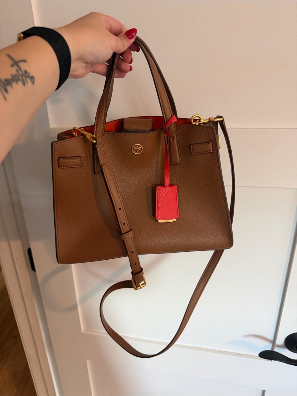 Tory Burch Brown Leather Satchel with Red Tag Accent